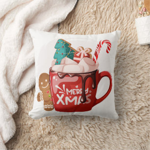 Cojín Decorativo Chocolate Caliente Rojo Festivo Arte de Dibujos An