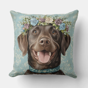 Cojín Decorativo Chocolate Labrador Perro Floral Azul