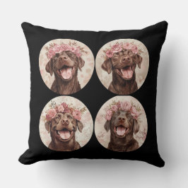 Cojín Decorativo Chocolate Labrador Recuperador Perro Floral Rosa