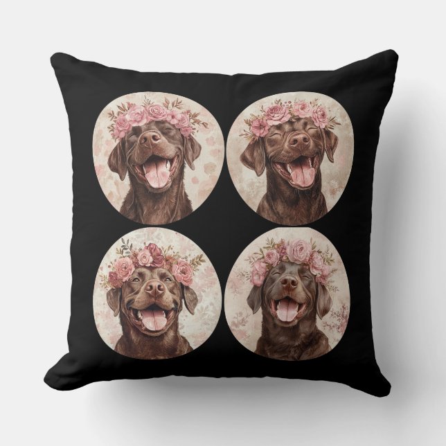 Cojín Decorativo Chocolate Labrador Recuperador Perro Floral Rosa (Anverso)