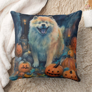 Cojín Decorativo Chow Chow de Halloween con calabazas aterrador 