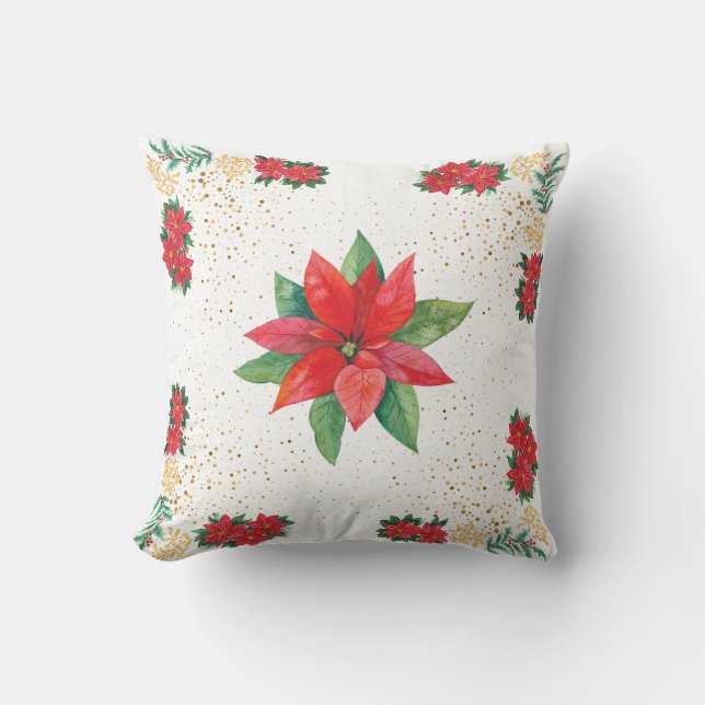 Cojín Decorativo Christmas Holiday Red Poinsettia and Gold (Anverso)