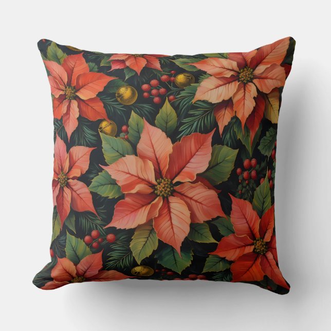 Cojín Decorativo Christmas Pillow – Poinsettias & Holiday Decor (Anverso)