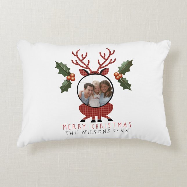 Cojín Decorativo Christmas Plaid Reindeer with Personalized Photo (Anverso)
