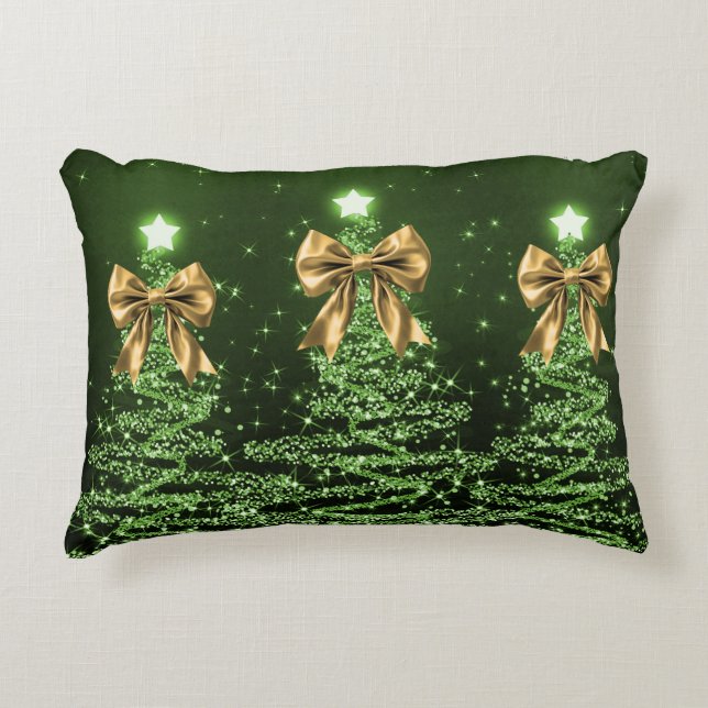 Cojín Decorativo Christmas Sparkling Trees Green Faux Gold Bow  (Anverso)