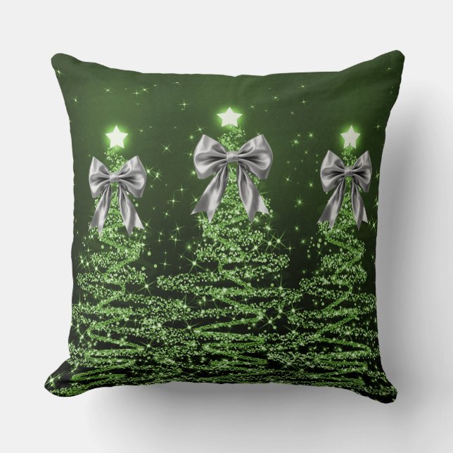 Cojín Decorativo Christmas Sparkling Trees Green Faux Silver Bow  (Anverso)