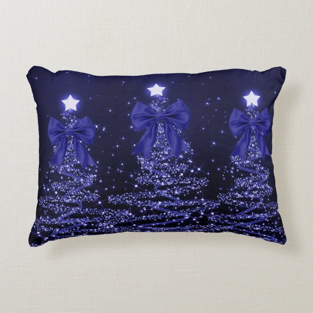 Cojín Decorativo Christmas Sparkling Trees Navy Blue Faux Bow  (Anverso)
