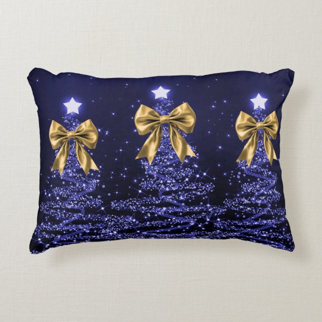 Cojín Decorativo Christmas Sparkling Trees Navy Blue Faux Gold Bow  (Anverso)