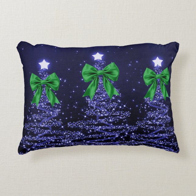Cojín Decorativo Christmas Sparkling Trees Navy Blue Green Bow  (Anverso)