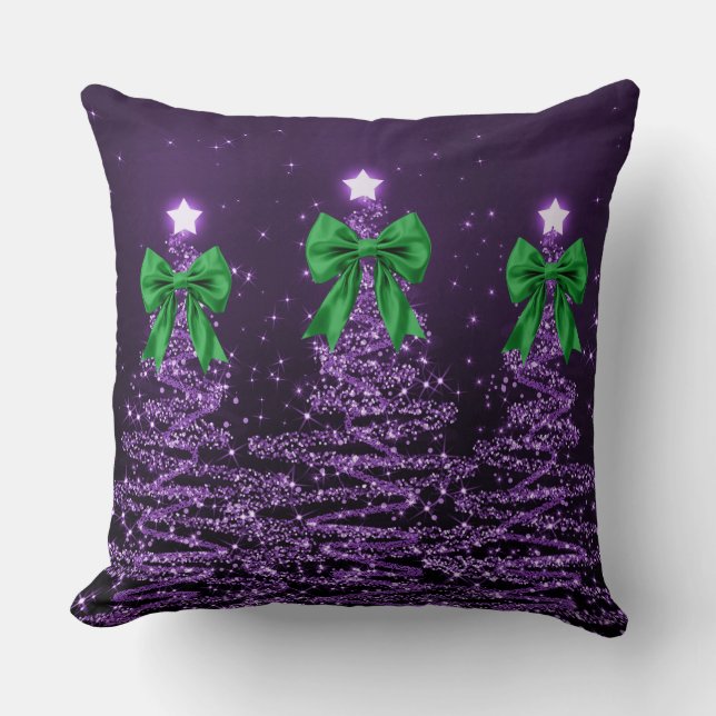 Cojín Decorativo Christmas Sparkling Trees Purple Faux Green Bow  (Anverso)