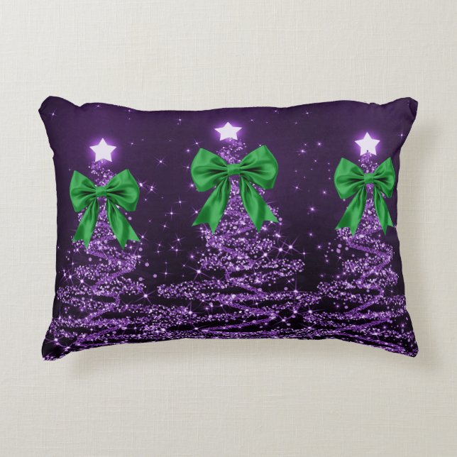 Cojín Decorativo Christmas Sparkling Trees Purple Faux Green Bow  (Anverso)