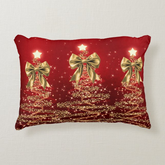 Cojín Decorativo Christmas Sparkling Trees Red Gold Faux Bow  (Anverso)