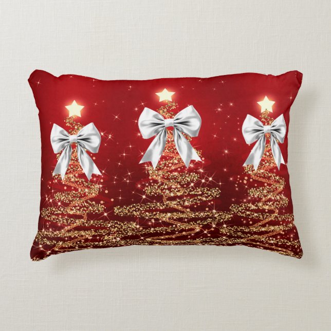 Cojín Decorativo Christmas Sparkling Trees Red Gold Silver Bow  (Anverso)