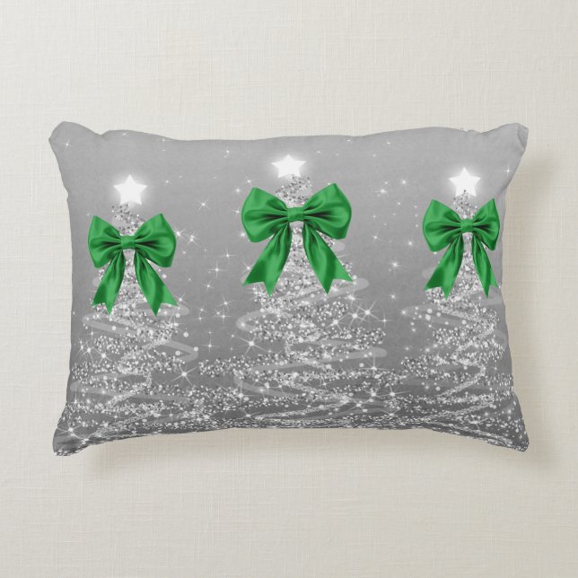Cojín Decorativo Christmas Sparkling Trees Silver Faux Green Bow  (Anverso)