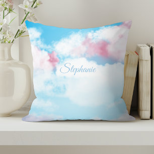 Cojín Decorativo Cielo Caprichoso y Lindo con Nubes Rosadas y Azule