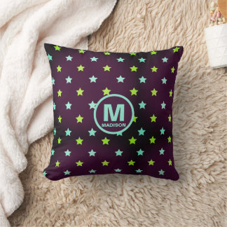 Cojín Decorativo Cielo estrellado violeta púrpura con nombre y mono