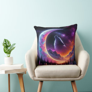 Cojín Decorativo Cielo nocturno colorido Lobo luna creciente de lob