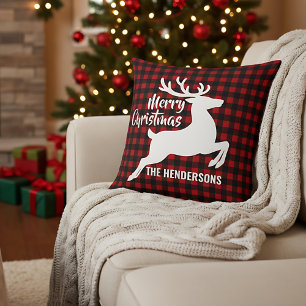 Cojín Decorativo Ciervo de Feliz Navidad Cuadro Rojo y Negro Nombre