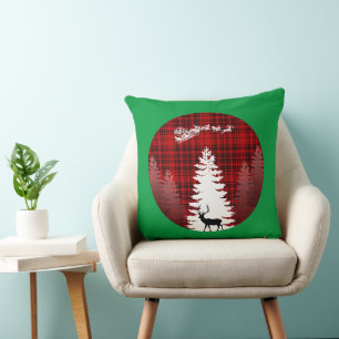 Cojín Decorativo ciervo de santa navidad árbol rojo cuadros escoces