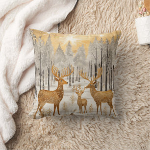 Cojín Decorativo Ciervo Dorado Blanco Invierno Nieve