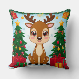 Cojín Decorativo Ciervo festivo lindo rodeado de árbol de Navidad