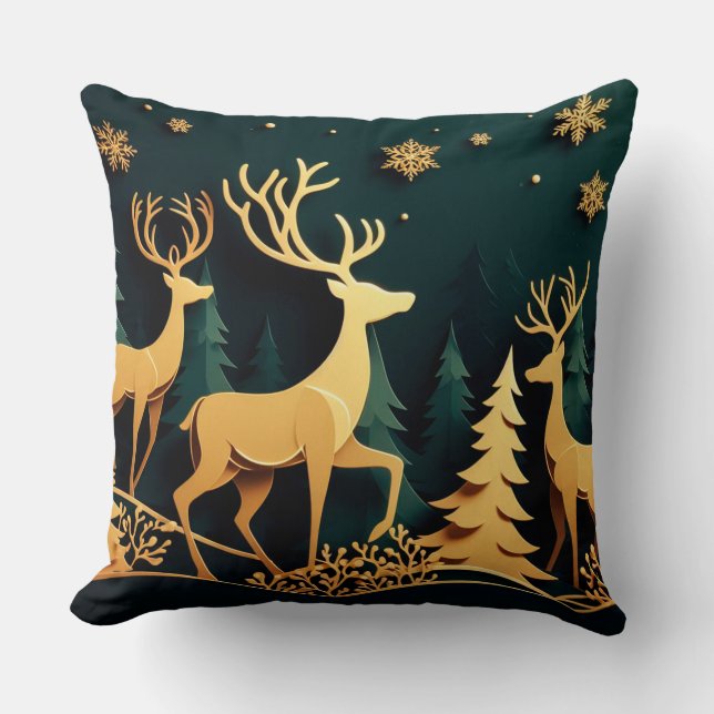 Cojín Decorativo Ciervos dorados de Navidad (Anverso)