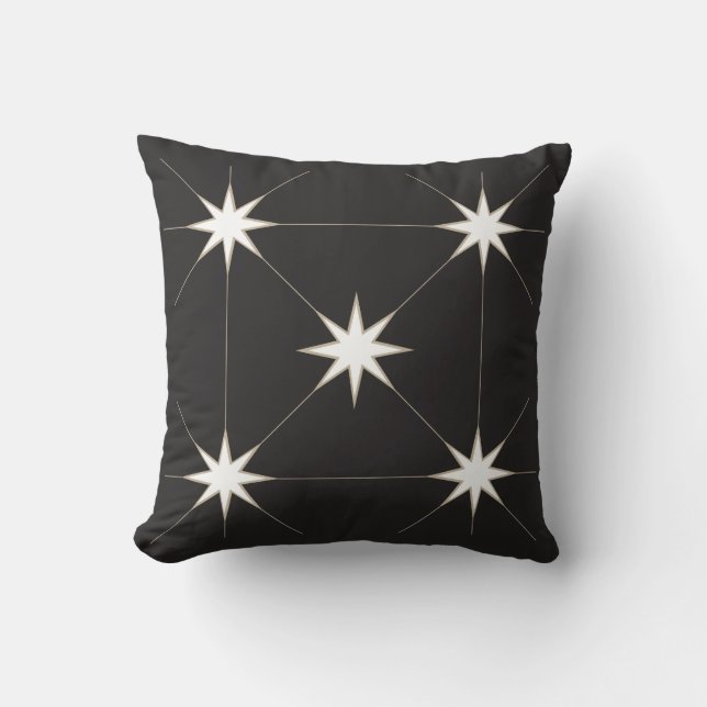 Cojín Decorativo Cinco estrellas blanco sobre fondo negro. (Anverso)