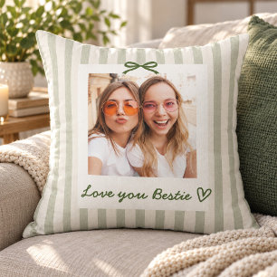 Cojín Decorativo Cinta de Raya Verde Salvia Foto Mejor Amiga