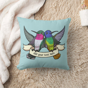 Cojín Decorativo Cintas de texto personalizadas con colibríes lindo