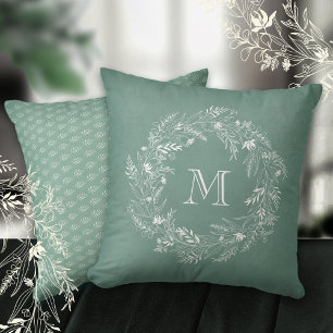 Cojín Decorativo Círculo botánico minimalista de hojas con la letra