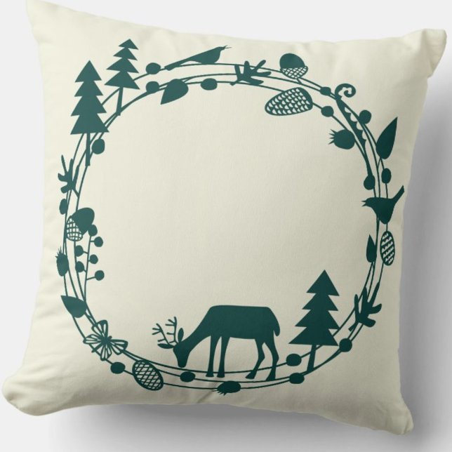 Cojín Decorativo Círculo del bosque de ciervos (Deer in the Forest green and cream pillow)