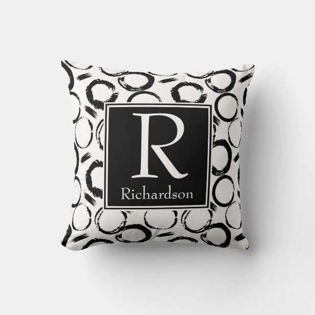 Cojín Decorativo Círculos abstractos monogramados en negro (Anverso)