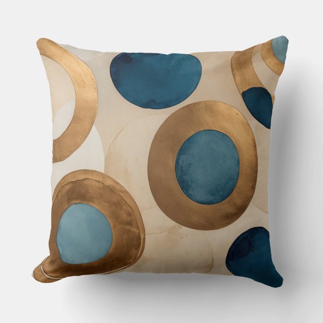 Cojín Decorativo Círculos y anillos de cobre y azul silenciados (Anverso)