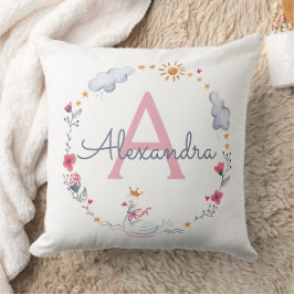 Cojín Decorativo Cisne rosa y corona floral de sol con monograma w
