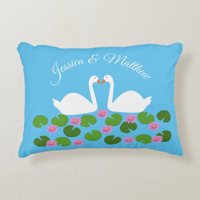 Cojín Decorativo Cisnes blancas y nenúfares Bodas Personalizado (Anverso)
