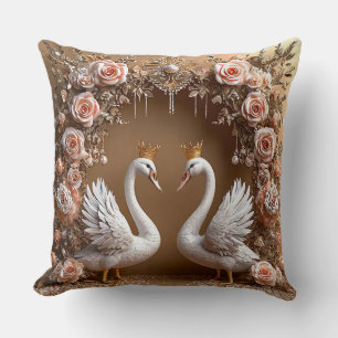 Cojín Decorativo Cisnes de Boda Oro y Perla Aves del Amor Romántica