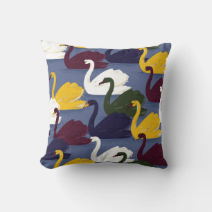 Cojín Decorativo cisnes dibujados a mano, patrón de lago azul.