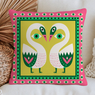 Cojín Decorativo Cisnes Elegantes Ojos Malvados Rosa y Verde Maxima