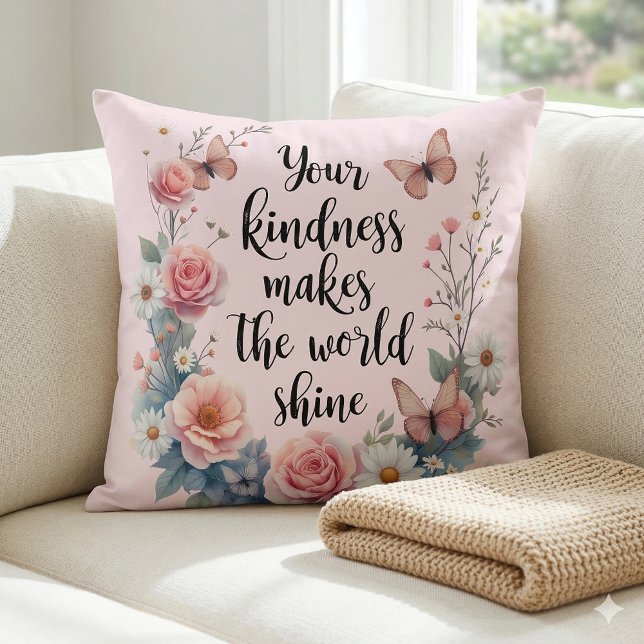 Cojín Decorativo Cita floral inspiradora con mariposas (Inspirational Floral Quote with Butterflies Throw Pillow Mockup A)