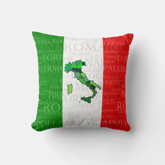 Cojín Decorativo Ciudades, mapa, y bandera de Italia (Anverso)