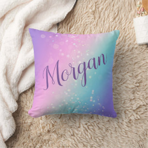 Cojín Decorativo Clásica estrella de bokeh púrpura y azul, nombre o