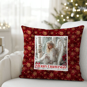 Cojín Decorativo Clásico Ángel Poinsettia Rojo Dorado Fiesta Navida