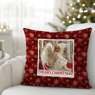 Cojín Decorativo Clásico Ángel Vintage Rojo Dorado Navidad 