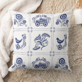 Cojín Decorativo Clásico azulejo holandés azul Delft floral y pájar