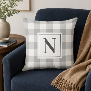 Cojín Decorativo Clásico Cuadro de Gingham Gris Monograma Inicial