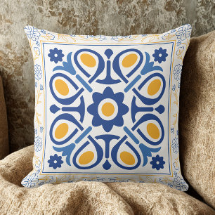 Cojín Decorativo Clásico de mosaico floral azul y dorado mediterrán