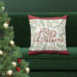 Cojín Decorativo Clásico Holly verde y Berries Feliz Navidad<br><div class="desc">Las colmenillas y las bayas con rayas verdes y bordes rojos en la parte superior y inferior de estos Navidades almohadas de vacaciones y MERRY NAVIDAD son divertidas para las vacaciones. El color de fondo y el mensaje se pueden cambiar. COINCIDIENDO con los artículos de nuestra tienda.</div>