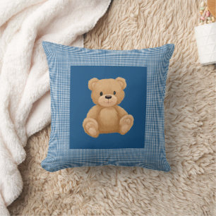 Cojín Decorativo Clásico Houndstooth Azul, Oso de Peluche,