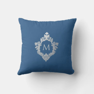 Cojín Decorativo Clásico Monograma Azul Elegante Escudo Ornate Vint