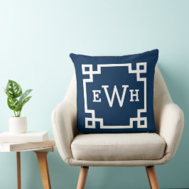 Cojín Decorativo Clásico Monograma Inicial de Llave Griega en Azul